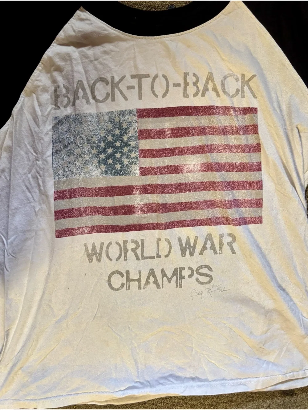 Ring of Fire White and Black Raglan Tee with American Flag Graphic